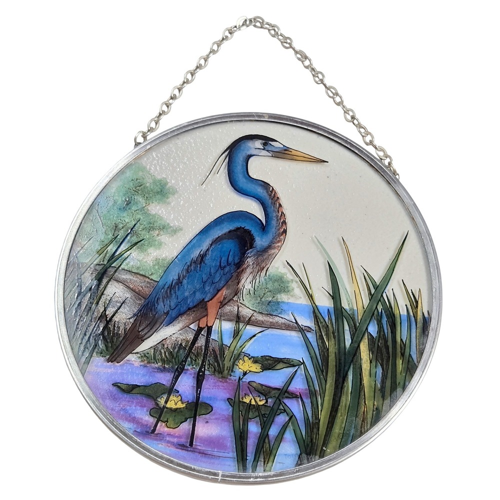 Blue‎ Heron Glass Suncatcher 6.5" Round Hanging Window Art Coastal Decor
